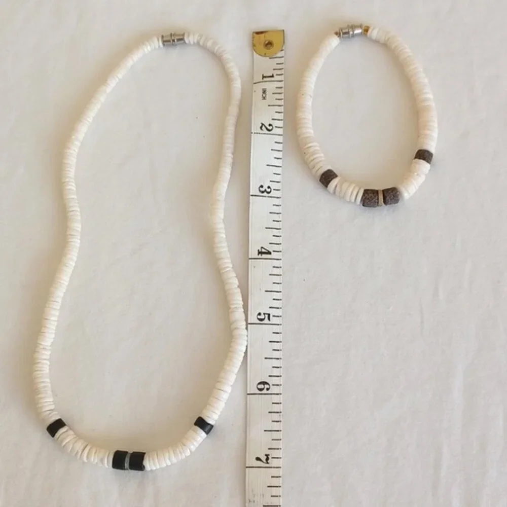2 PIECE SET Vintage White Puca Shell Necklace & Bracelet for Men or Women Unisex
